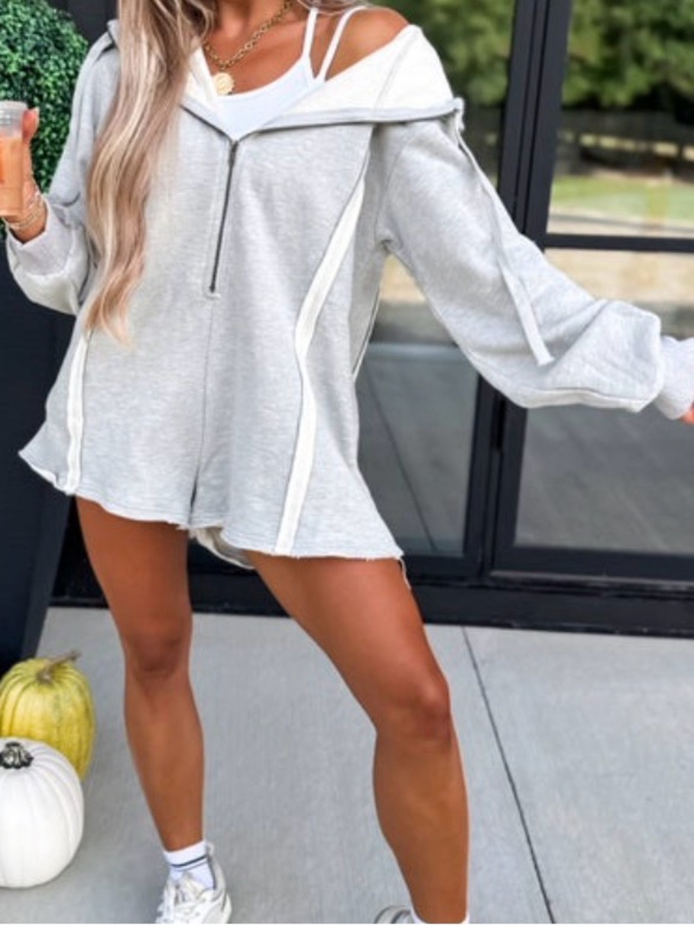 Peach Love California Light Gray Hooded Romper with Cream Trim